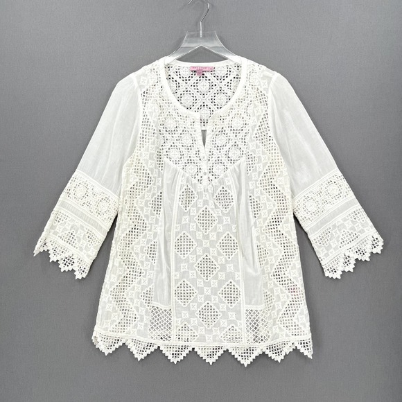 CALYPSO ST BARTH Shirt Womens Small White 3/4 Sleeve Embroidered Eyelet top - Picture 1 of 16
